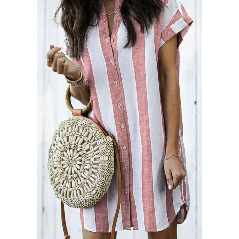 

Women Summer Shirt Short Sleeve Button Striped Loose Blouse Tops blusas mujer de moda 2019 Ladies Casual Stand Collar Blouses