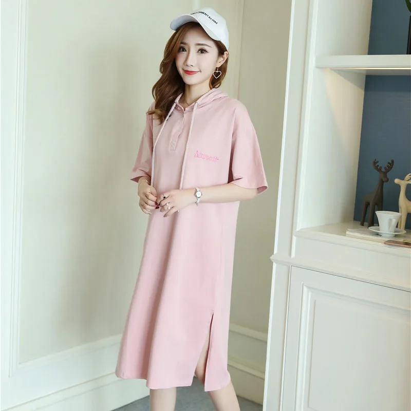 

Pure Cotton Embroidery Letter Pink Hooded Plus Size Women Maternity Summer Dress Pregnancy Clothes For Mother Casual Top