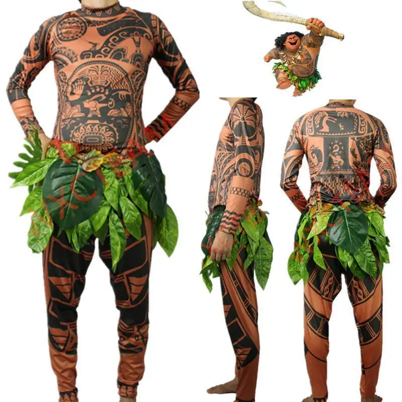 Хэллоуин взрослых Мужская Моана, Мауи тату футболка брюки Трава юбка костюм для косплея