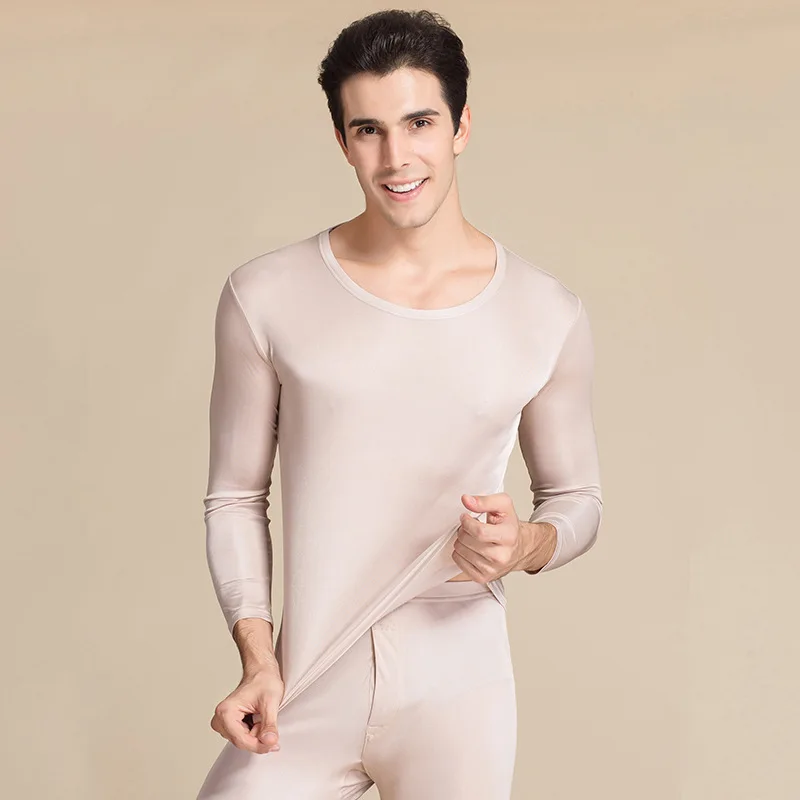 

High Quality Autumn Men's Long Sleep Wear Men Warm Underwear Men's Thermal Antibacterial Pijama High Grade 100% Real Silk G9802