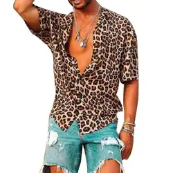 Мужская рубашка с леопардовым принтом и коротким рукавом с отложным воротником и v-образным вырезом, летний Свободный Топ