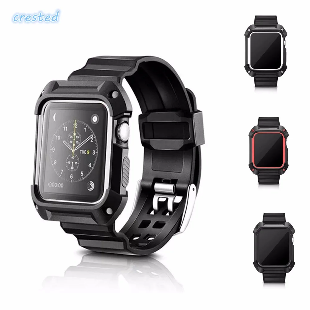 Sport watch strap with Protective case for apple band 42mm/38 wrist bracelet Rubber watchband iwatch 3/2/1 | Наручные часы