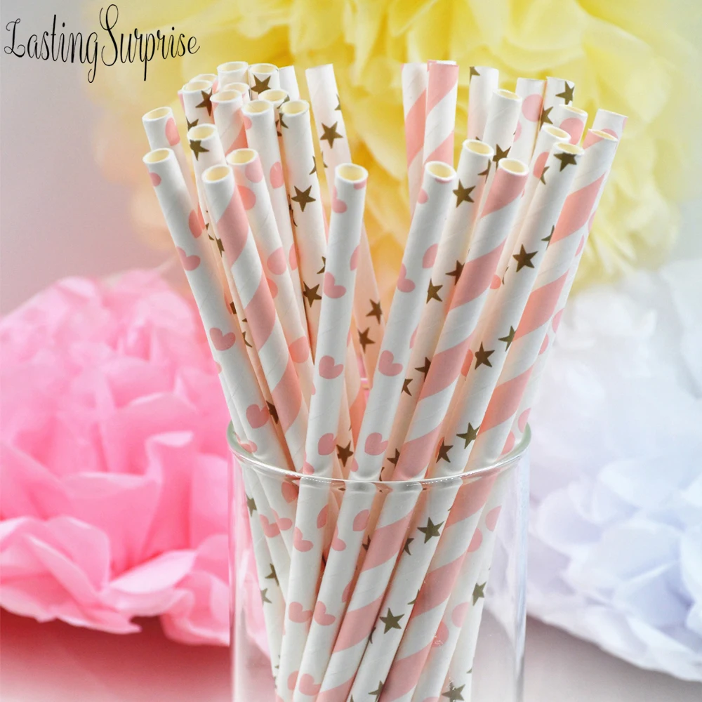 25pcs Drinking Paper Straws Gold Heart Star Stripe Paper Straws For Birthday Baby Shower Decoration Gift Party Event Supplies