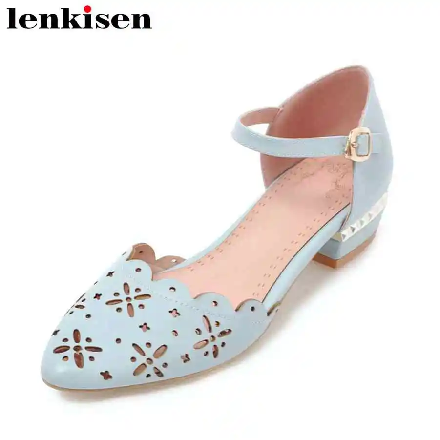 

Lenkisen handmade concise style solid round toe buckle strap PU Carved low heels big size sweet party meeting women sandals LC7