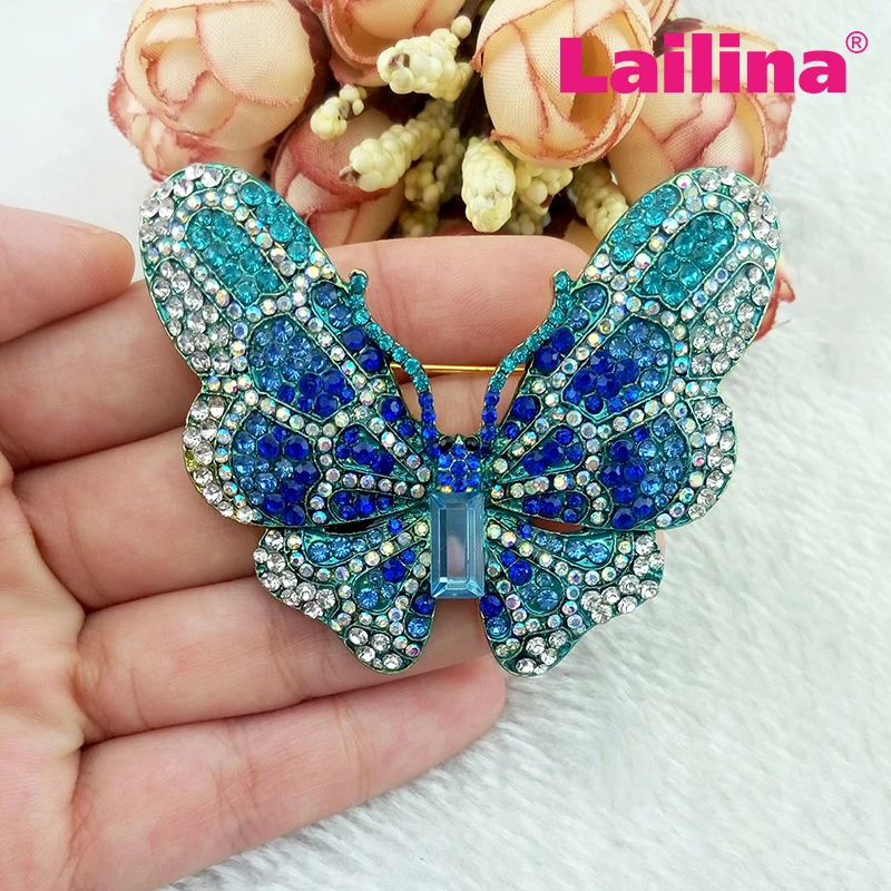 

100pcs/lot free shipping gold tone elegant blue butterfly rhinestone butterfly brooches pins, animal insect brooch women jewelry