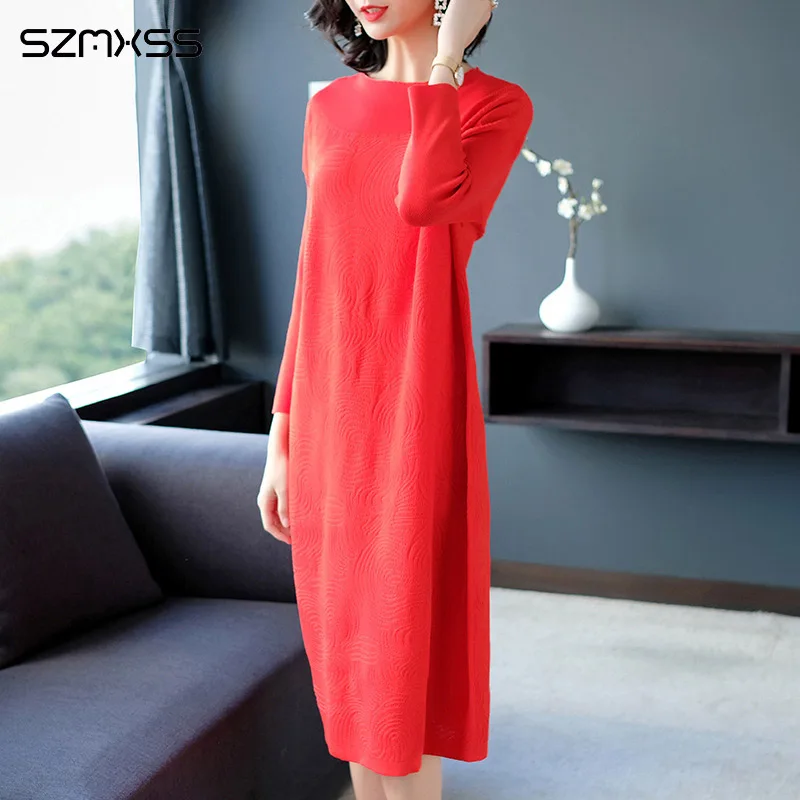 Knit dress female autumn and winter new Korean casual elegant long Dress solid color O-neck long sleeve over knee dresses