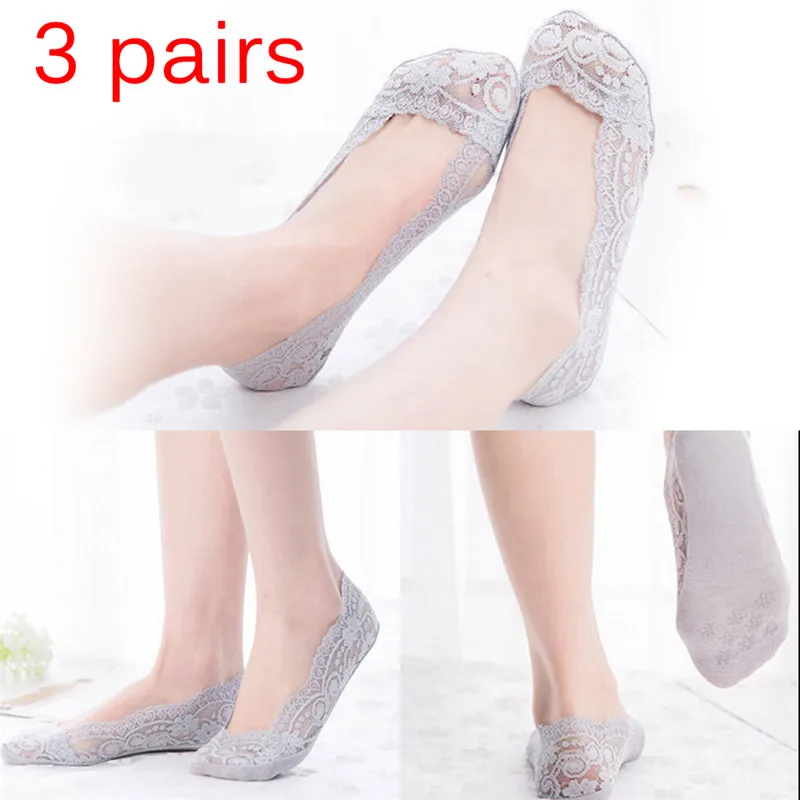 3Pair Women's Lace Socks Short Socks Female Antiskid Invisible Boat Sock Summer Fashion Thin Ankle Socks Slippers Low Cut Socks