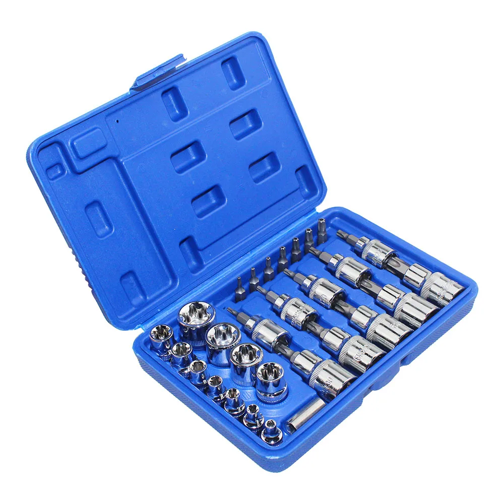 Car Repair Tool 29pcs 1/4" 3/8" 1/2" Socket Set Car Repair Tool Ratchet Torque Wrench Combo Tools Kit CRV Bright Chrome Socket