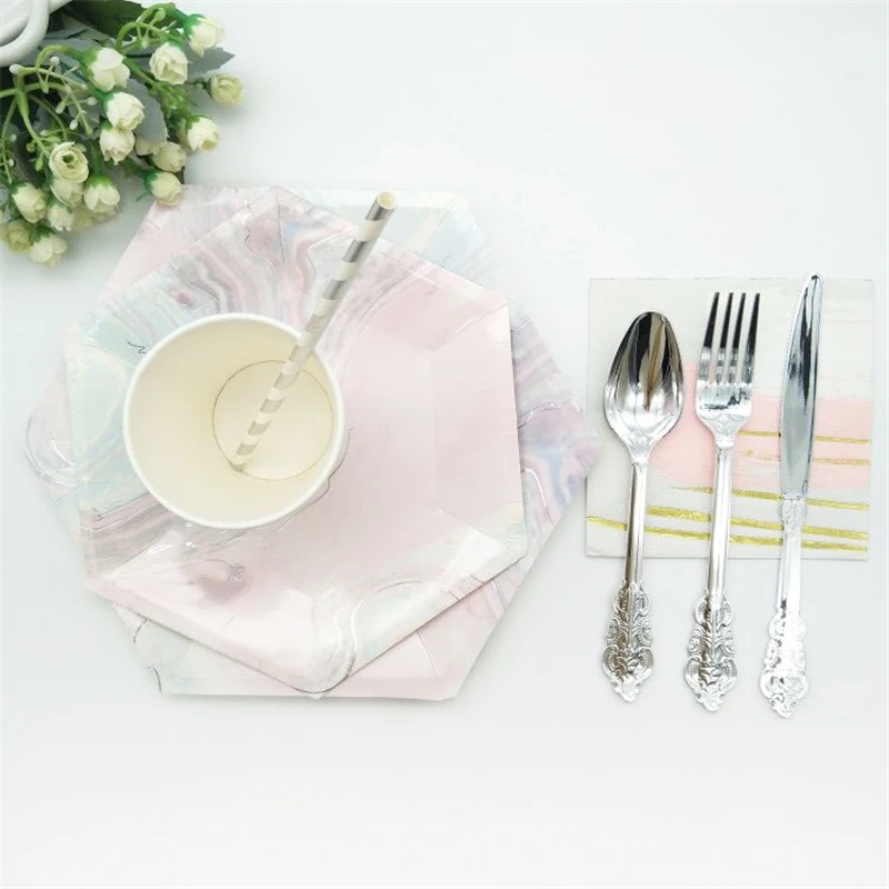 16Sets Party Decor Tableware Kits Pink Marble Paper Plates Cups Napkins Straws Plastic Cutlery Wedding Engagement Party Supplies