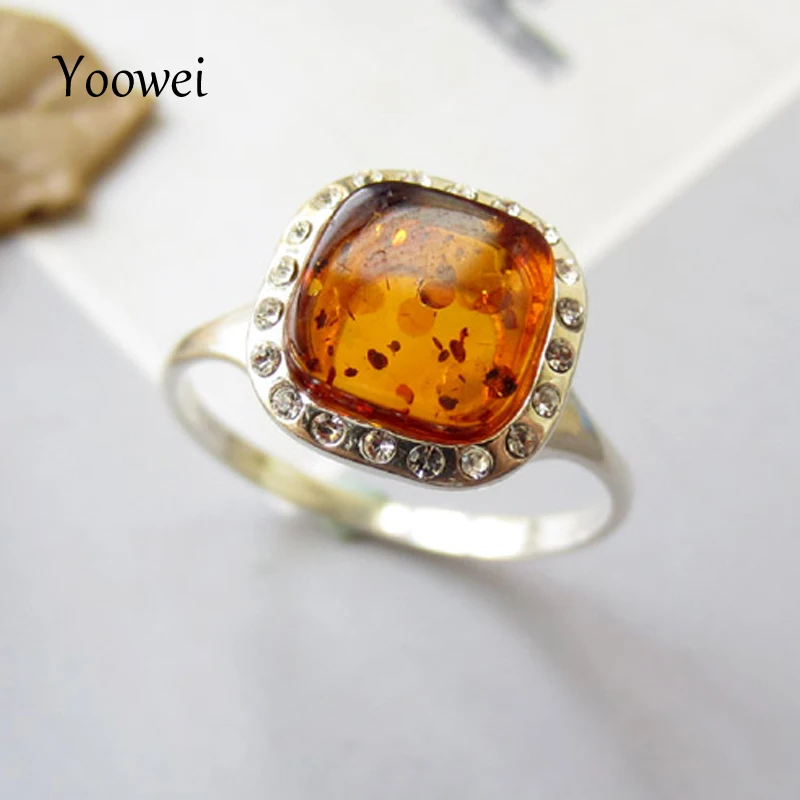 Yoowei Natural Amber Rings for Women Shining Cognac Ring Solid 925 Sterling Silver Square Baltic