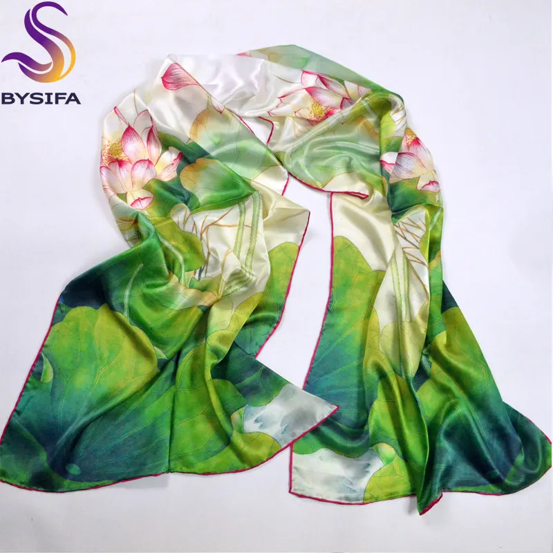 Зеленый Лотос, шарфы, шаль, чистый шелк, Модный женский длинный шарф, шарфы,, шелковый шарф с принтом для зимы и осени 178*52 см - Цвет: green