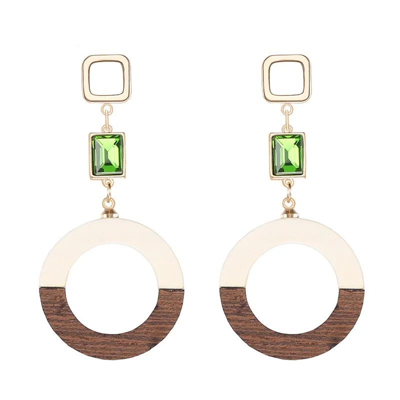 

wing yuk tak Handmade Wood Earrings Fashion Romantic Hollowed-out Round Geometric Crystal Drop Earrings Women