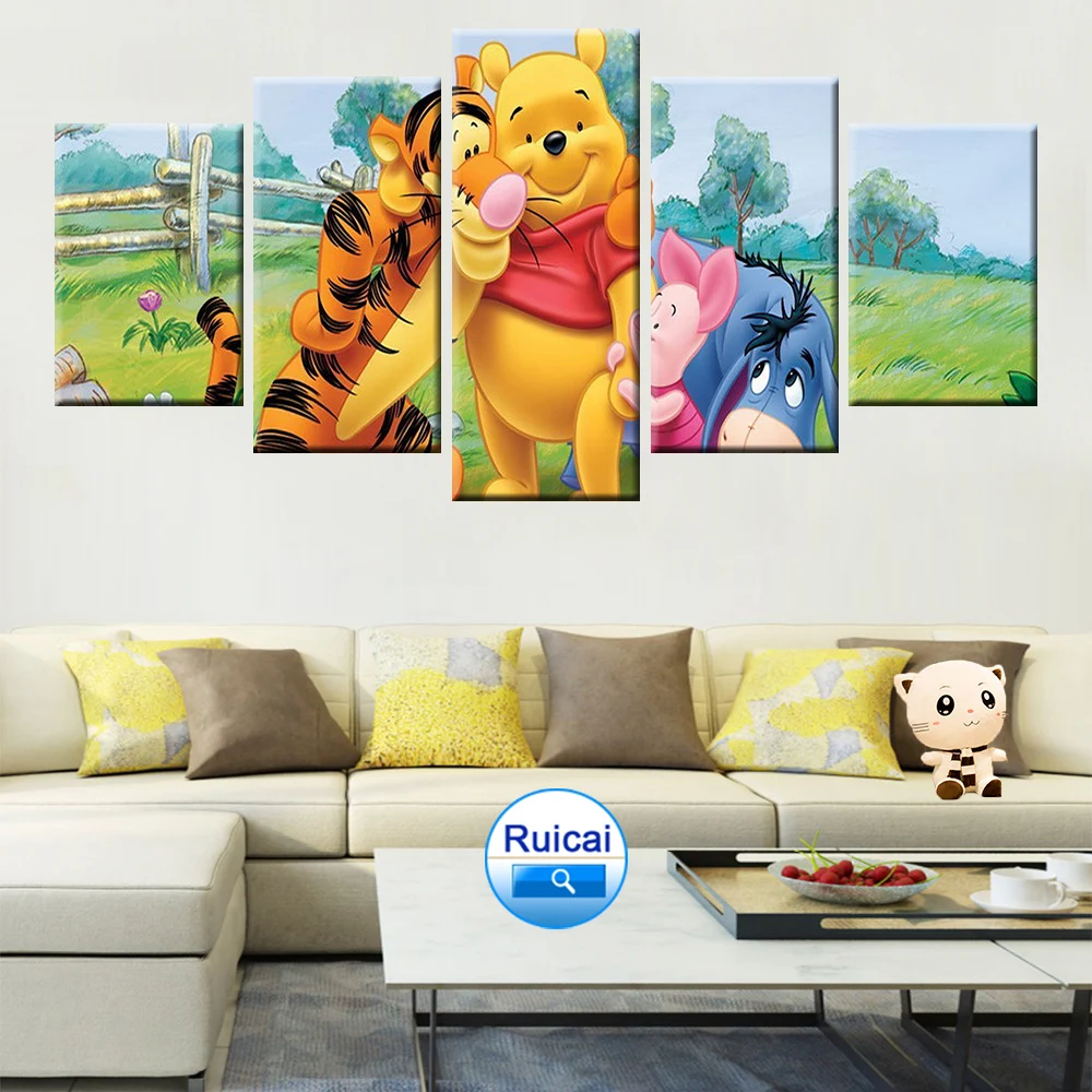 

Modular wall art 5 panel HD printing Winnie the Pooh cartoon poster canvas painting children's room home decoration mural