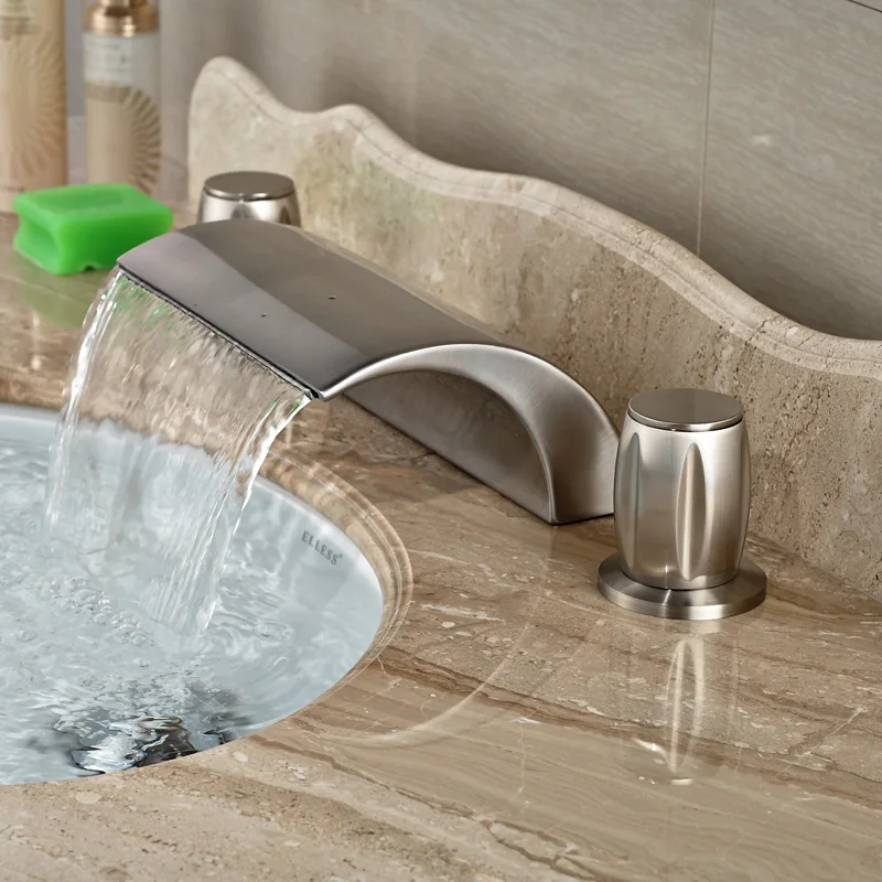 Waterfall Nickel Brushed Widespread Bathroom Tub Faucet Bathroom Sink Faucet Dual Handles