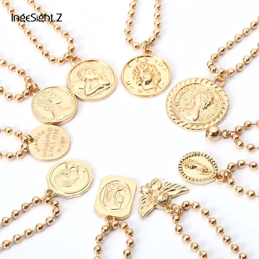 

IngeSight.Z Boho 9 Style Simple Beads Chain Carved Coin Bracelets Bangles Charm Queen Angel Pendant Bracelet for Women Jewelry