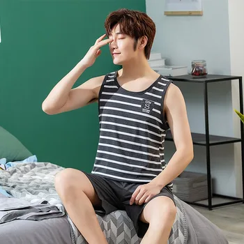 

2019 Summer Casual Striped Cotton vest Pajama Sets for Men Short Sleeve Sleepwear Male Pyjama homme Homewear Lounge wear Clothes