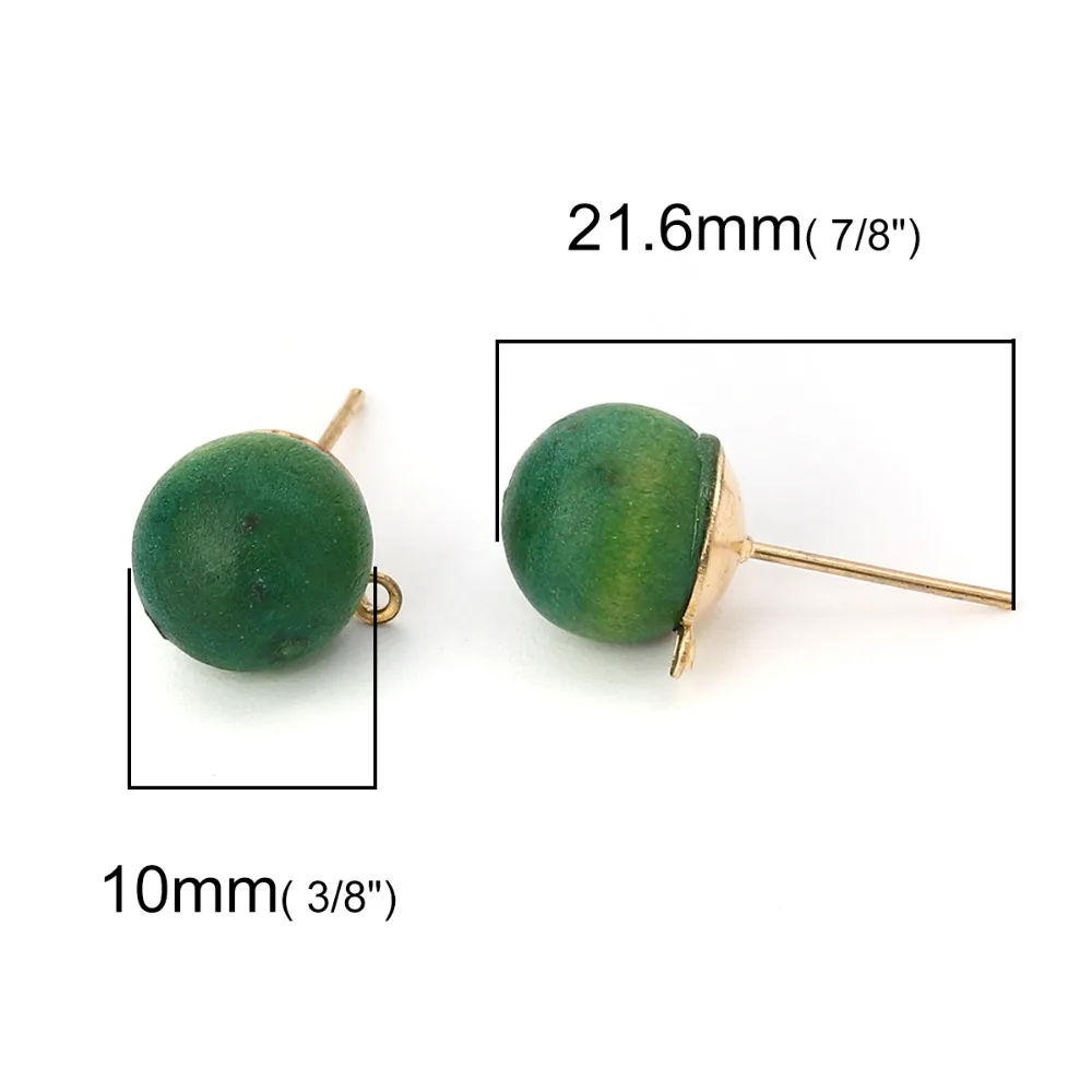Деревянные серьги гвоздики DoreenBeads круглые золотисто красные разноцветные шармы