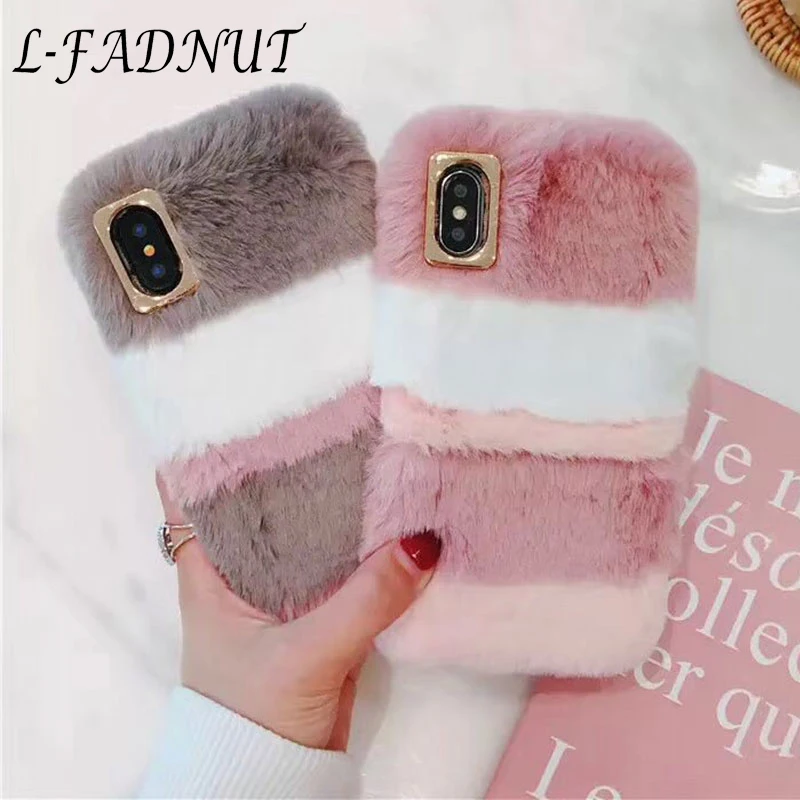 

L-FADNUT Luxury Plush Fur Protective Cover For iPhone 7 8 6S 6 Plus 5 5S SE Cute Fluffy Soft Bumper Case For iPhone Xr X Xs Max