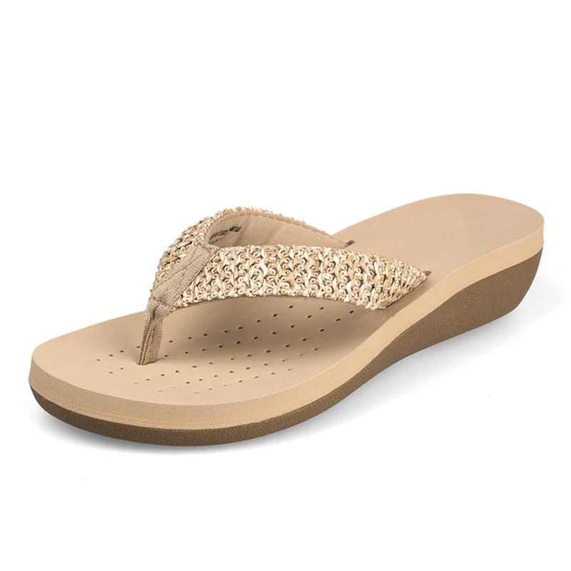 

{D&Henlu}Bohemian Holiday Wedge Heel Slippers Women Slippers Flip Flops Summer Beach Slide Sandals For Women Shoes Black Weave