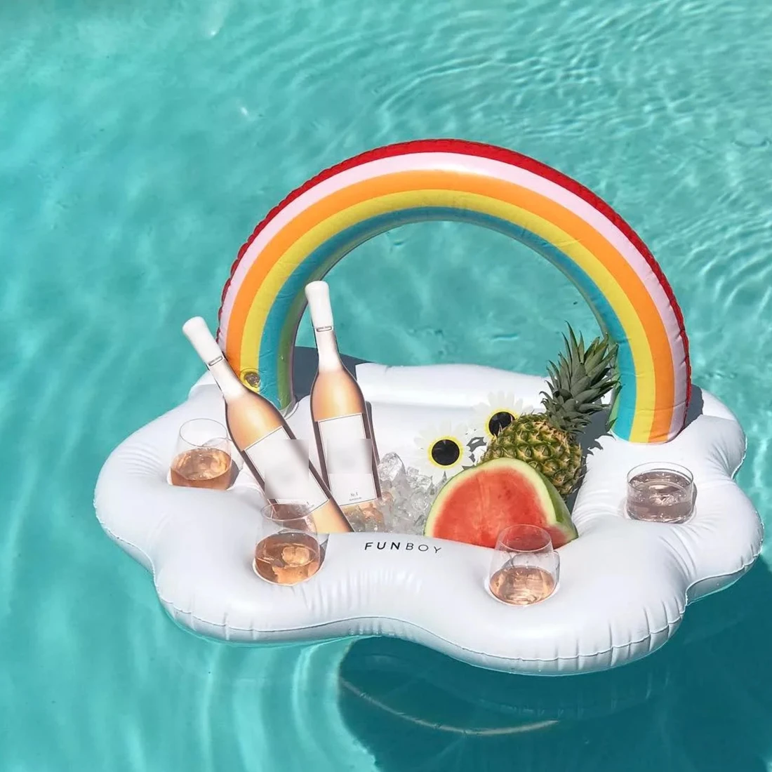 Inflatable Rainbow Cloud Swimming Pool Float Ice Bucket Cup Holder Beer