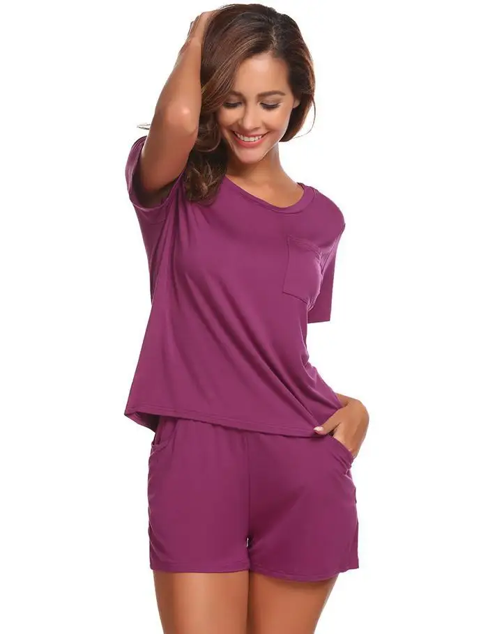 Ekouaer, женские пижамные комплекты, круглый вырез, короткий рукав, одноцветная одежда для сна, карманы, шорты, ночные рубашки, повседневная женская домашняя одежда