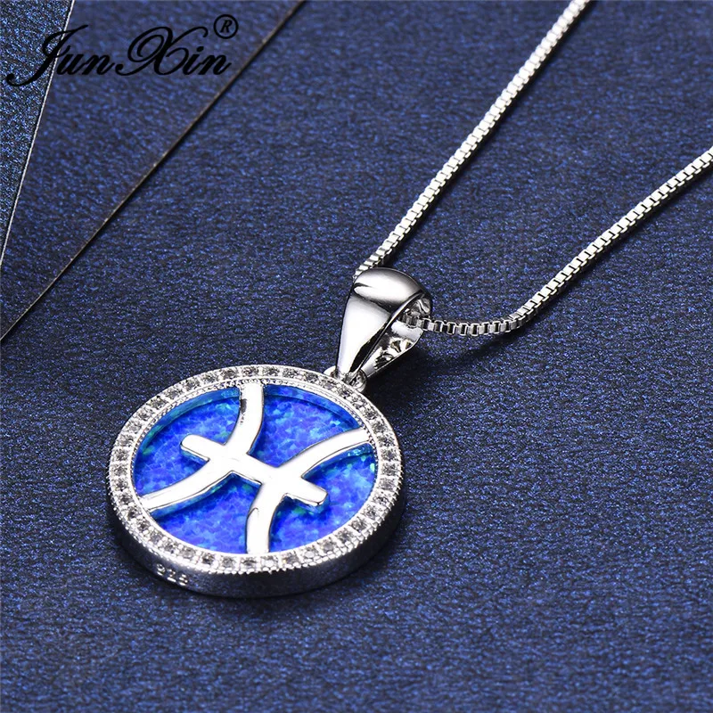 JUNXIN 925 серебро Созвездие близнецы кулон ожерелье s для женщин круглый камень белый синий огонь ожерелье с опалом девушки