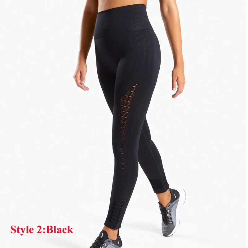 2 стиля, энергетические бесшовные леггинсы с дырочками, высокая талия, женские штаны для йоги, супер эластичные попой, обтягивающие спортивные леггинсы, для спортзала, бега - Цвет: Black2