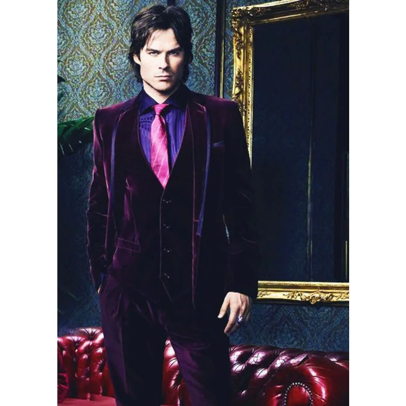 

Purple Velour Slim Fit Men Suit Vest Casual Groomsmen Groom Tuxedo Regular Fit Velvet Prom Wedding Suits(Jacket+Pants+Vest)