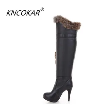 

2017 winter fashion Waterproof platform boots high heel female winter over knee boots long boots rabbit boots size 34-39