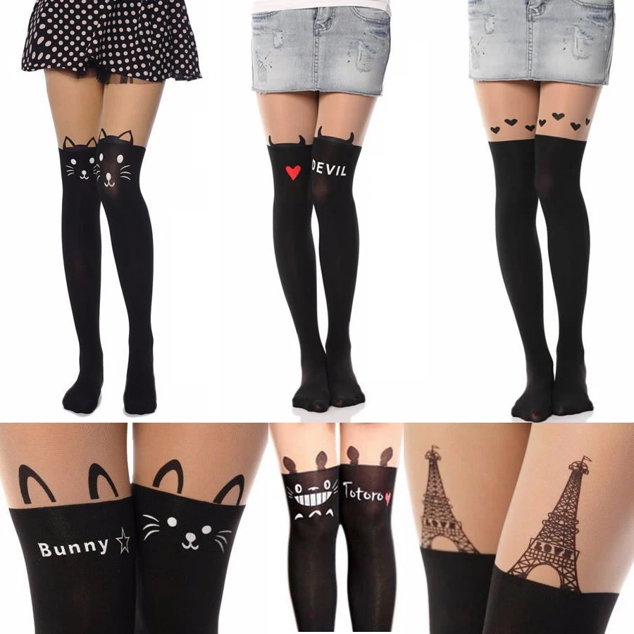 New Fashion Women Nylon Cute Cat Totoro Knee High Tights 16 Styles Tattoo Stockings Girls Sexy Pantyhose Over Knee Stockings Pantyhoses Stockings Packpantyhose Stocking Aliexpress