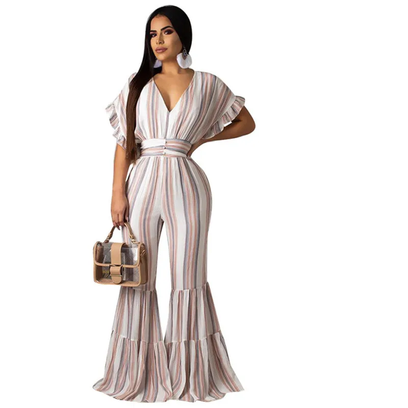 

2019 Women Summer Beach Jumpsuit Romper Sexy Ruffle Flare Wide Leg Long Pants Jumpsuit Elegant Party Jumpsuit Female Overalls