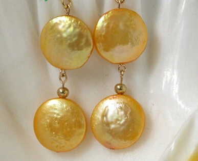 

wb00556 2pc stunning 12mm round gold coin freshwater pearls dangle earrings 14K/20