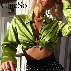 MissyChilli бандажная атласная зеленая блузка женская элегантная модная Укороченная рубашка с длинным рукавом Женская Осенняя клубная ночная