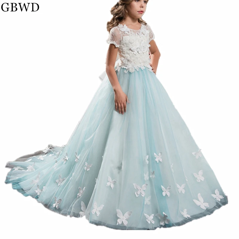 

Sky Blue Flower Girl Dress Butterfly Lace Girls Dresses First Communion Dresses Little Girl Dress Girls Ball GownVestidos menina