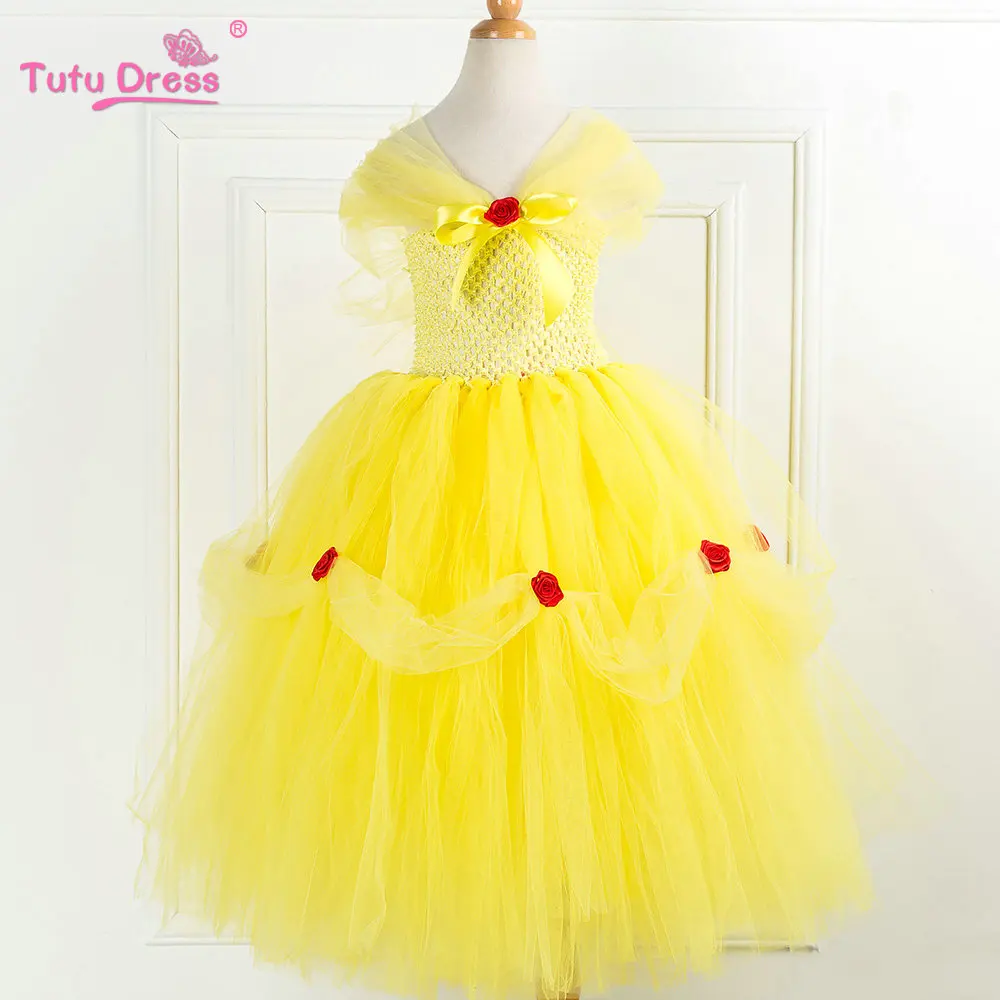 

Deluxe Tutu Dress Yellow Beauty Inspired Dress With Rose Flower Handmade Tulle Princess Dress Halloween Children Costume Dress