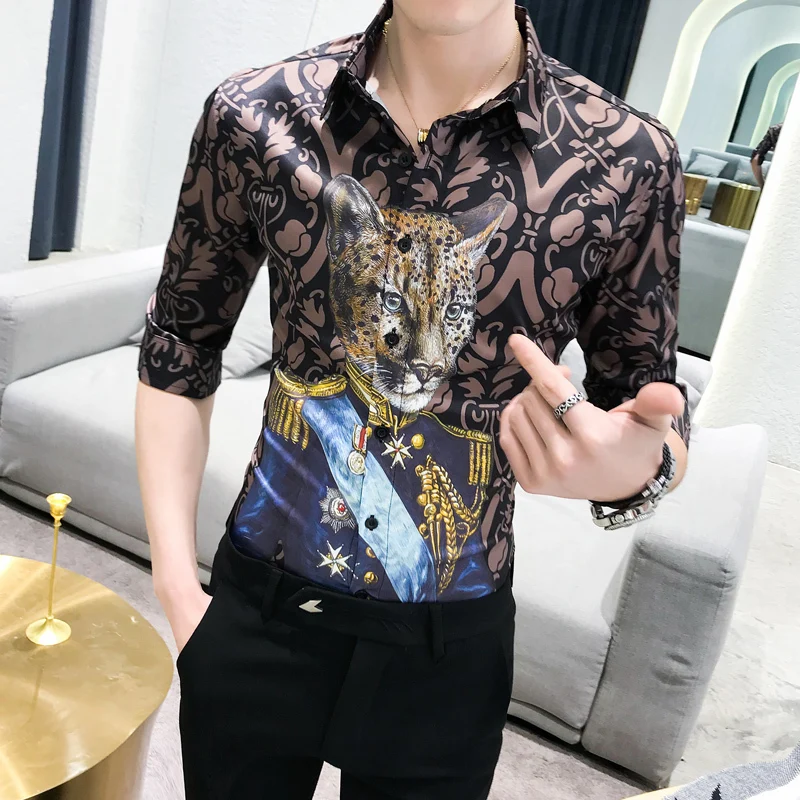 

Luxury Shirts Leopard Printed Shirt Men Designer Camisa Social Night Club Work Bar Casual Slim Fit Streetwear Camiseta Masculina