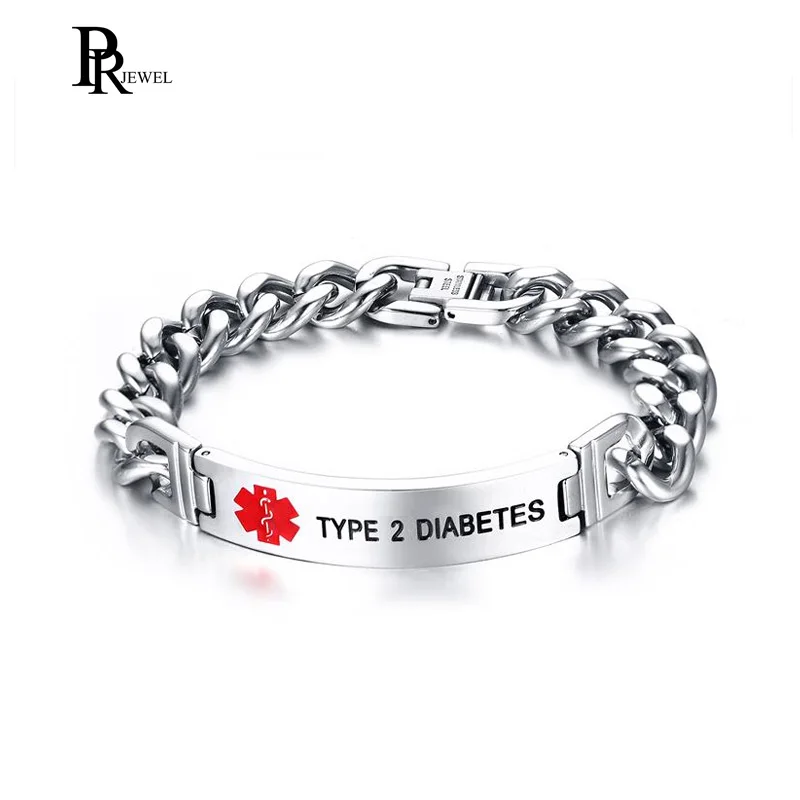 Laser Engrave TYPE 2 DIABETES Medical Alert Chain Link Bracelet For Men Jewelry High Quality Stainless Steel ID Bracelet