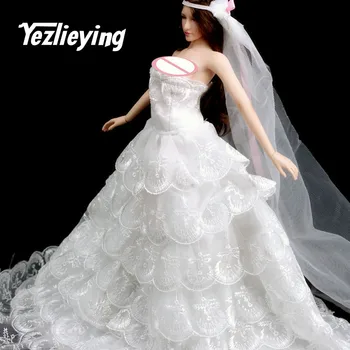 

1/6 Scale white ladies strapless lace evening dress wedding princess dress dress 12" female action figure doll clothing clothes