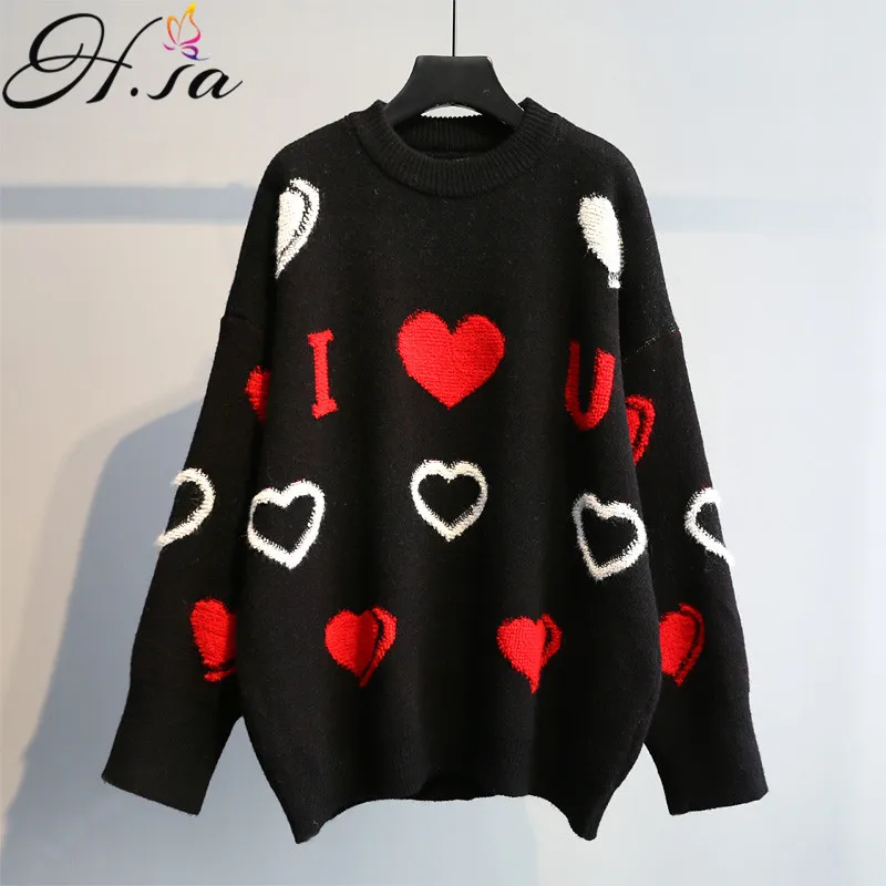 H.SA 2019 Sweater Women Sweet Pullovers Love Heart Casual Pull Jumpers Long SLeeve Oversized 