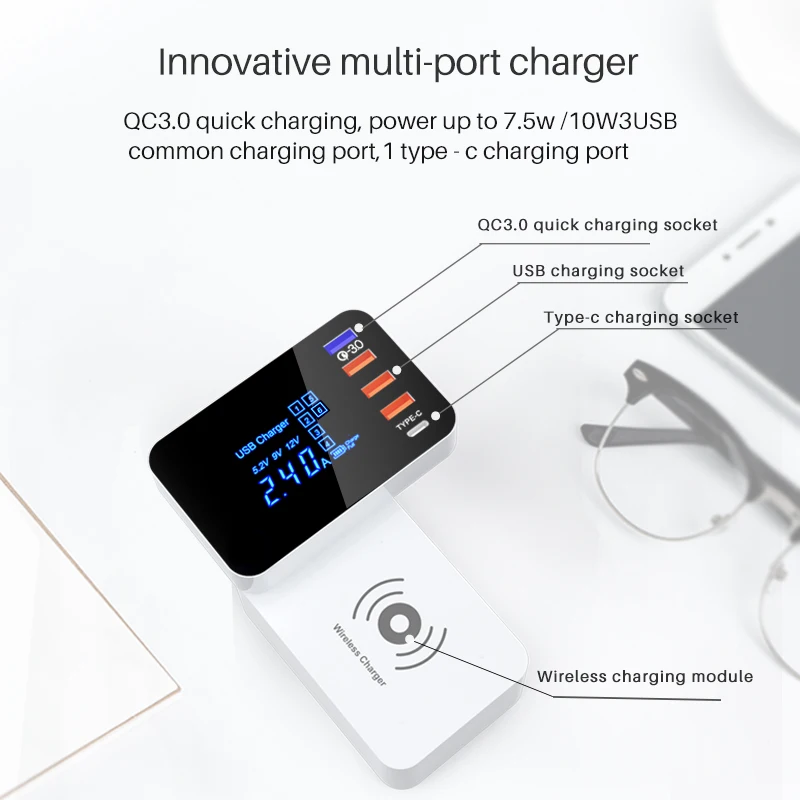 10W QI Wireless usb Charger Quick Charge 3.0 Led Display Type C Multi smart HUB charging station adapter for iphone ipad sumsung 10W QI Wireless usb Charger Quick Charge 3.0 Led Display Type C Multi smart HUB charging station adapter for iphone ipad sumsung