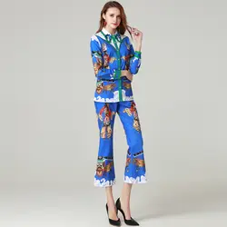Модный дизайнерский комплект для женщин, с длинным рукавом и отделкой из бус, с блестками, Инди, народный принт, синяя рубашка, блузка + штаны