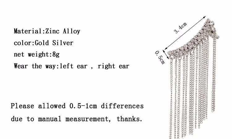 ZLDYOU, ювелирные изделия в стиле панк, женские серьги-манжеты с кристаллами, Модные Позолоченные серьги с цирконием и длинной кисточкой, зажим со стразами