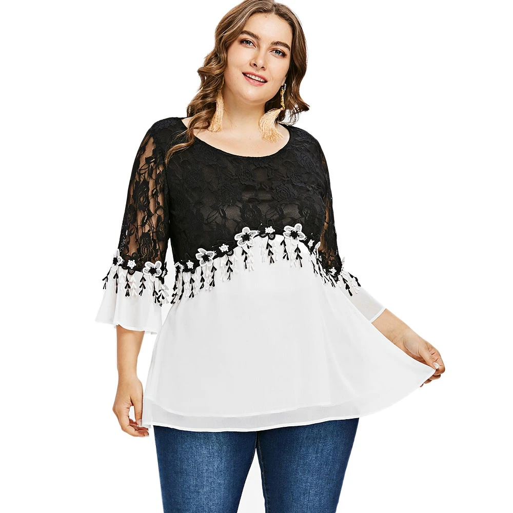 2019 plus size color block lace t shirt
