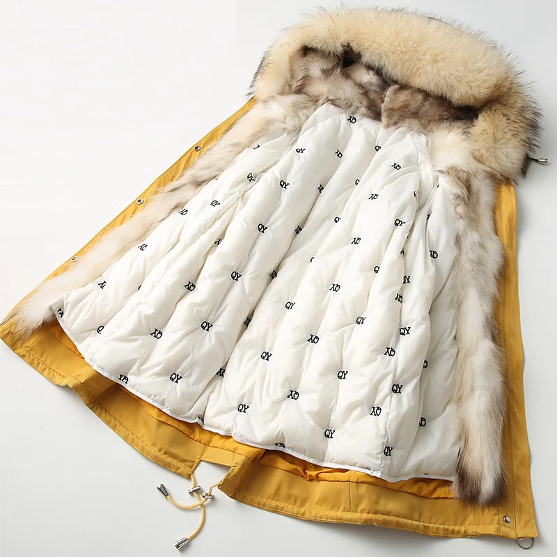 Зимнее корейское пальто с натуральным мехом, женская одежда, натуральный мех енота, пальто с капюшоном, пуховик на утином пуху, винтажная парка для женщин 68232