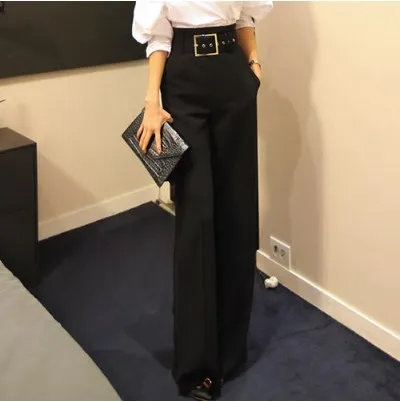 Clobee корейский OL стиль формальный офис рабочая одежда брюки весна женские элегантные ретро твердые черные с высокой талией широкие брюки HJ333