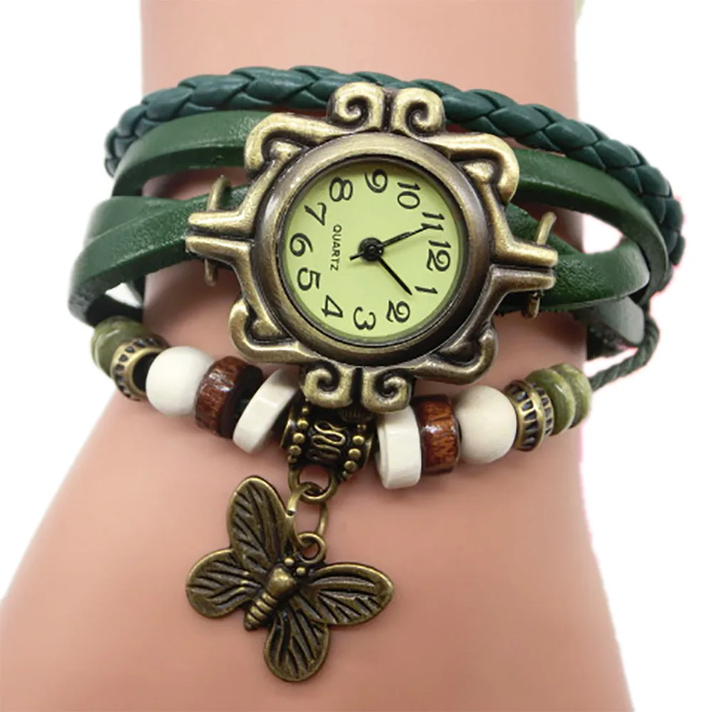 

Retro Weave Wrap Lady Bead Butterfly Dangle Bracelet Bangle Quartz Wrist Watch
