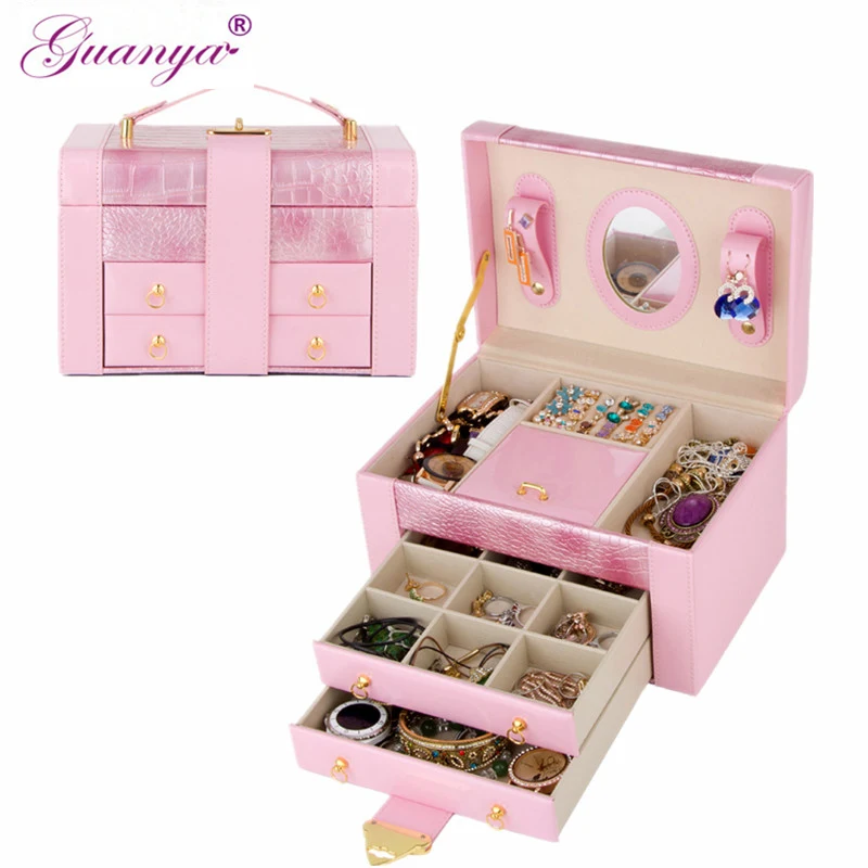 

Guanya 5 colors luxury jewelry box leather cosmetic box jewel box with super large capacity storage box customization
