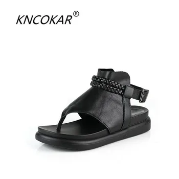 

New Summer Handmade Genuine Leather Toe-Toe Sandals Fashionable Black Thick Bottom Slope Lady Sandals Size 35-40