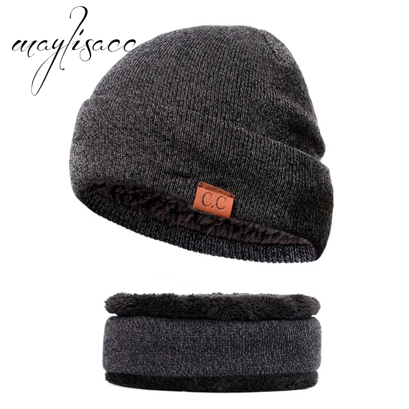 Maylisacc высокое качество Письмо CC Для мужчин зимняя теплая вязаная шапка с шарфом кольцо Модные для Для мужчин Для женщин шарфы с Hat комплект
