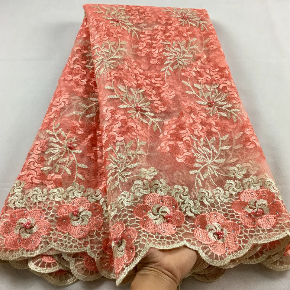 

Nigerian Lace Fabric 2019 High Quality Lace Beaded Lace Fabric Wedding Pink African With Beads Nigerian French Lace Fabric LHX07